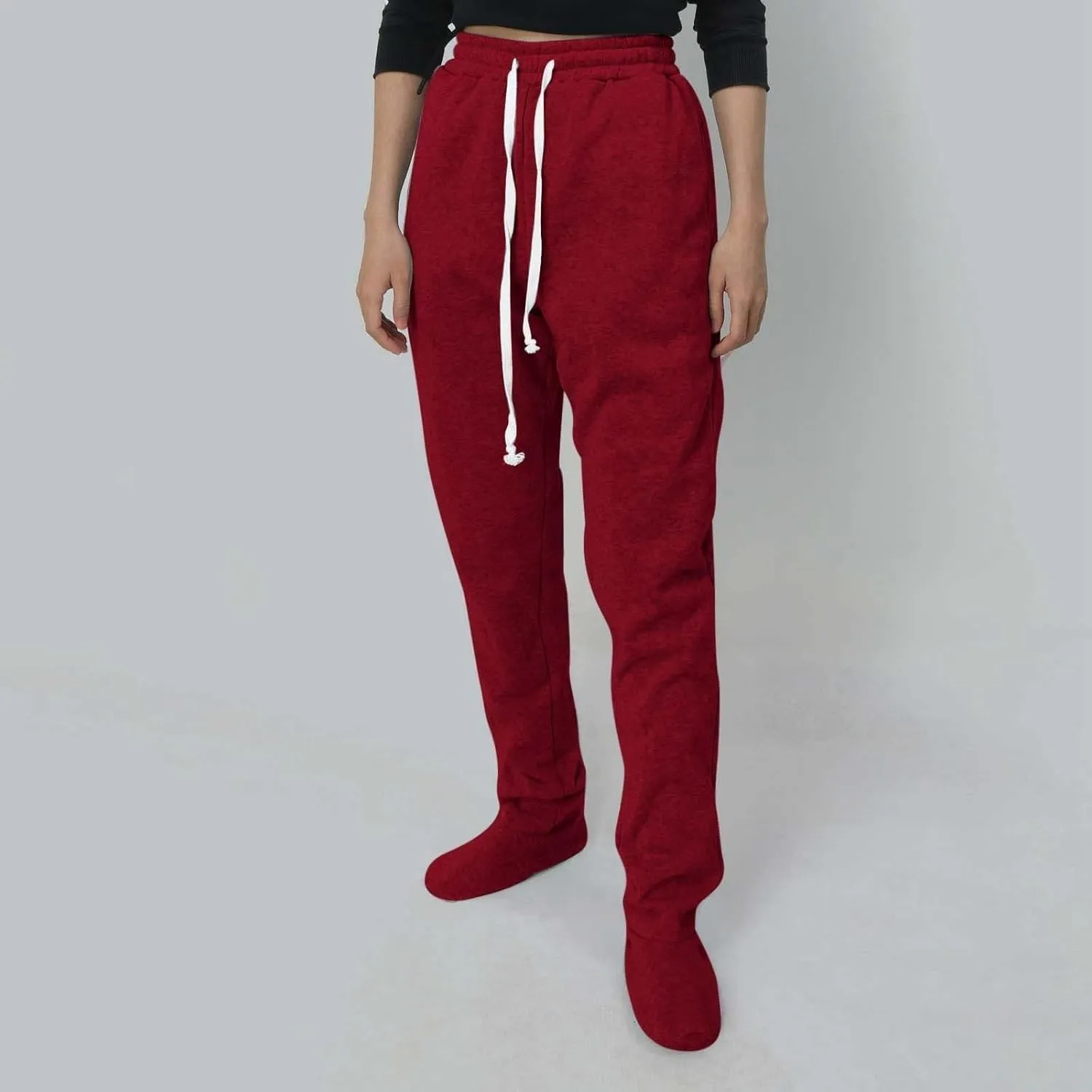 Fleece Footed Pajamas Pants for Women Soft Drawstring Jogger Sweatpants with Feet Winter Warm Comfy Lounge Pants