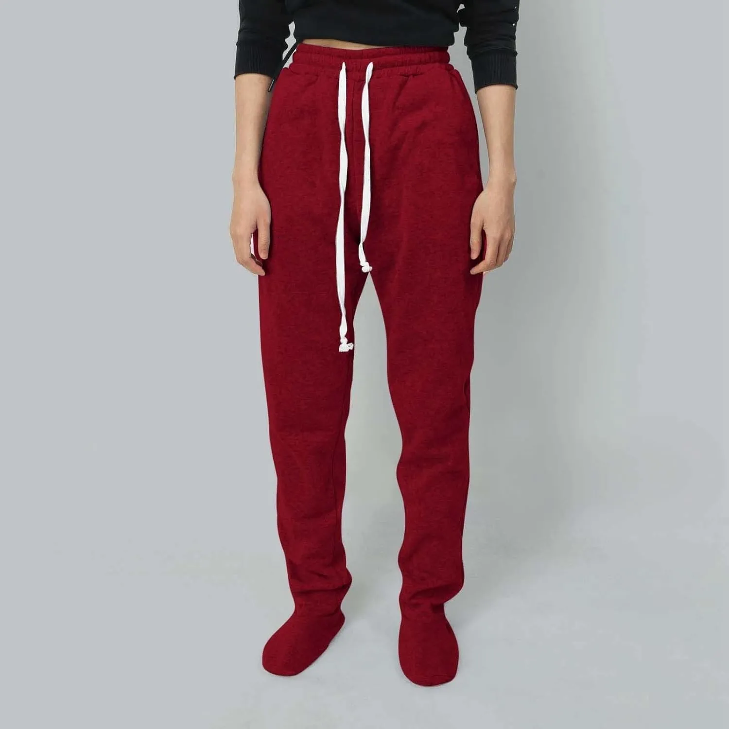 Fleece Footed Pajamas Pants for Women Soft Drawstring Jogger Sweatpants with Feet Winter Warm Comfy Lounge Pants