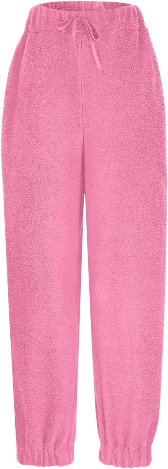 Fleece Sweatpants for Women Oversized High Waisted Drawstring Athletic Joggers Warm Workout Sherpa Pants with Pockets