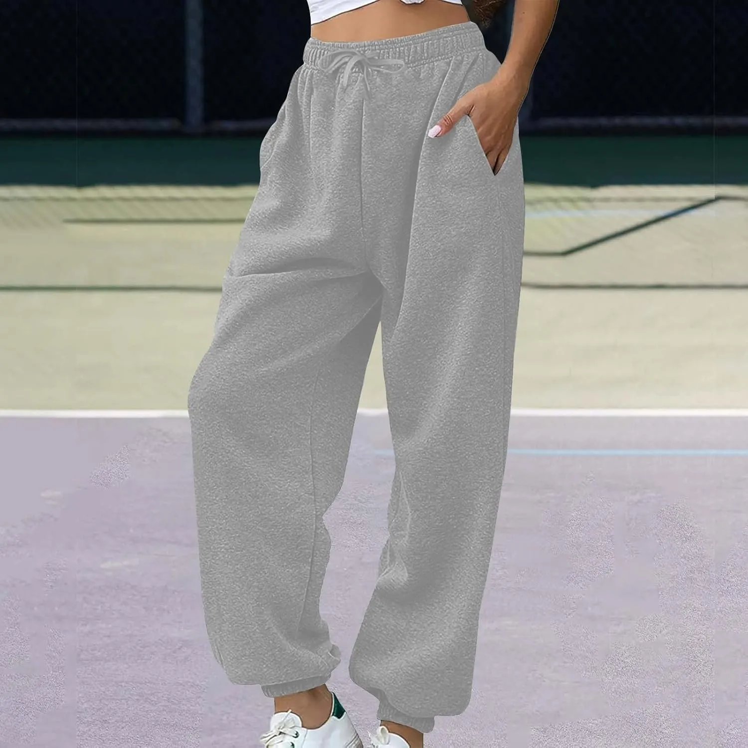 Fleece Sweatpants for Women Oversized High Waisted Drawstring Athletic Joggers Warm Workout Sherpa Pants with Pockets
