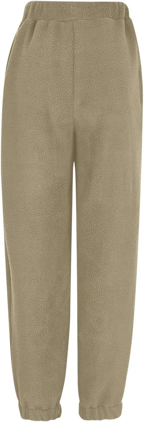 Fleece Sweatpants for Women Oversized High Waisted Drawstring Athletic Joggers Warm Workout Sherpa Pants with Pockets
