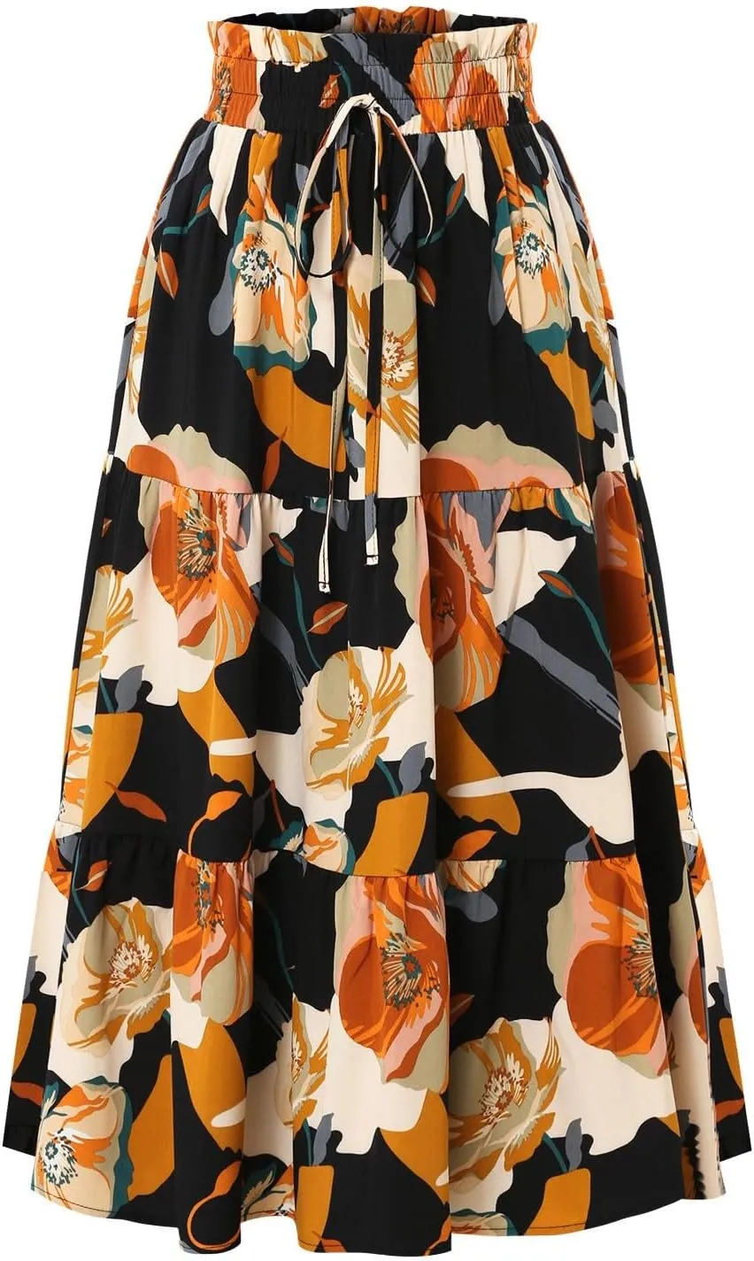 Floral Long Skirts for Women Summer Boho Beach Flowy Maxi Skirts Drawstring High Waisted Tiered Pleated A Line Skirt