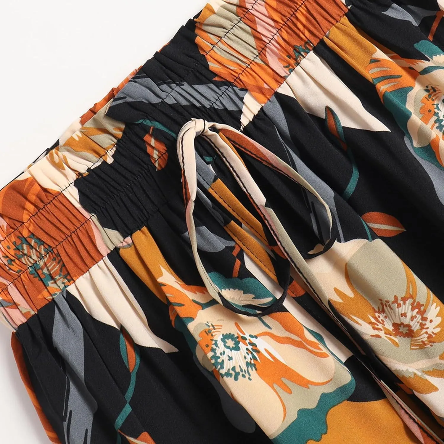 Floral Long Skirts for Women Summer Boho Beach Flowy Maxi Skirts Drawstring High Waisted Tiered Pleated A Line Skirt
