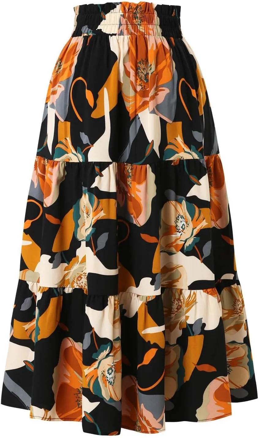 Floral Long Skirts for Women Summer Boho Beach Flowy Maxi Skirts Drawstring High Waisted Tiered Pleated A Line Skirt