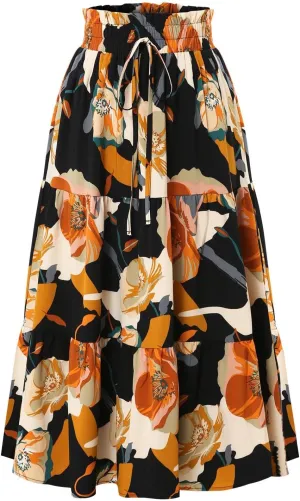 Floral Long Skirts for Women Summer Boho Beach Flowy Maxi Skirts Drawstring High Waisted Tiered Pleated A Line Skirt