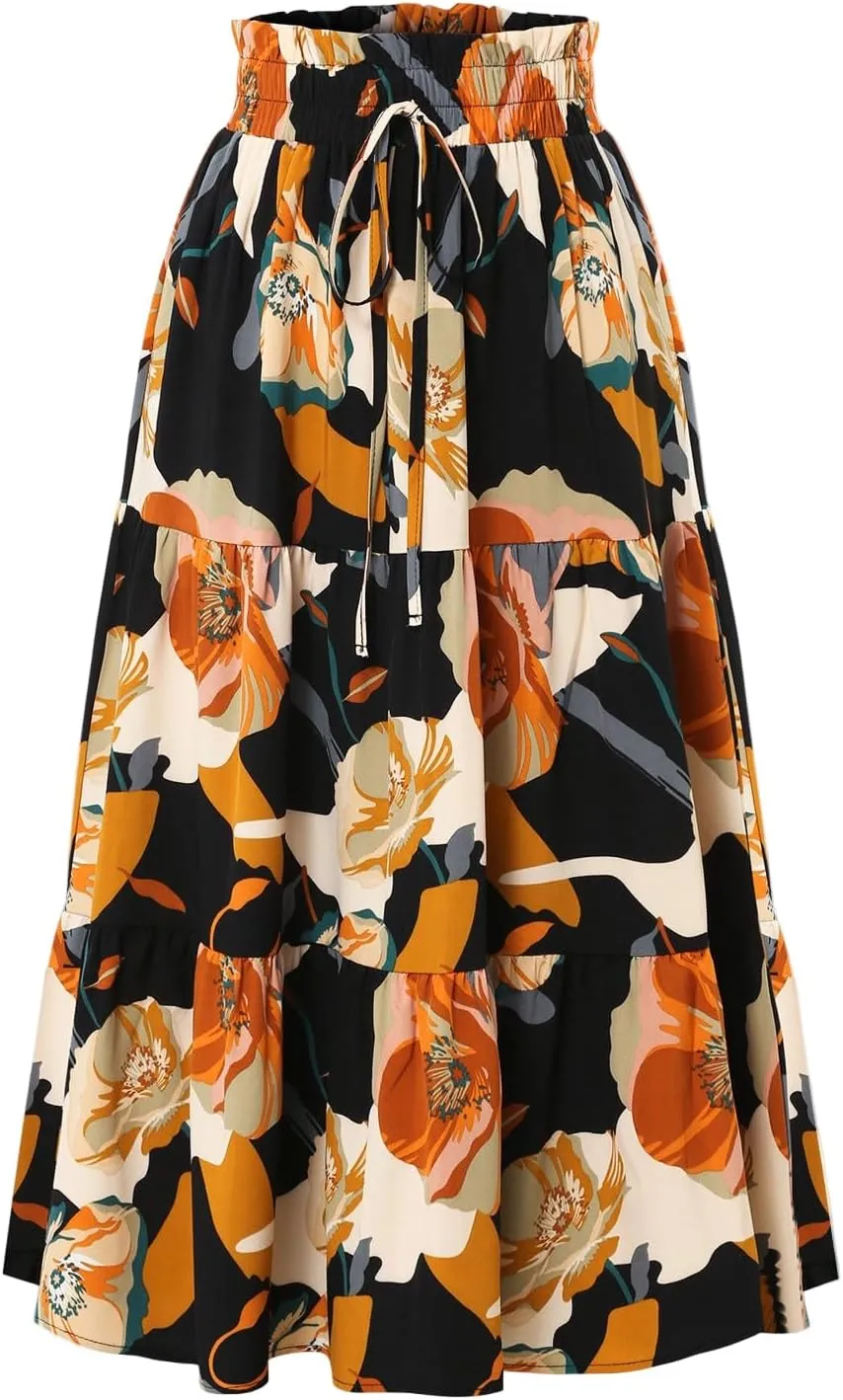 Floral Long Skirts for Women Summer Boho Beach Flowy Maxi Skirts Drawstring High Waisted Tiered Pleated A Line Skirt