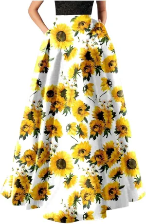 Floral Printed Maxi Skirts for Women High Waisted Long Skirts Boho Floor Length Flowy A Line Maxi Skirt with Pockets