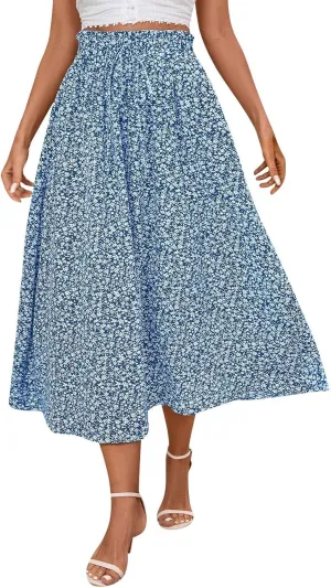 Floral Skirts for Women 2025 A-Line Loose Elastic High Waist Elastic Waist Pleated Summer Swing Skirts with Pocket