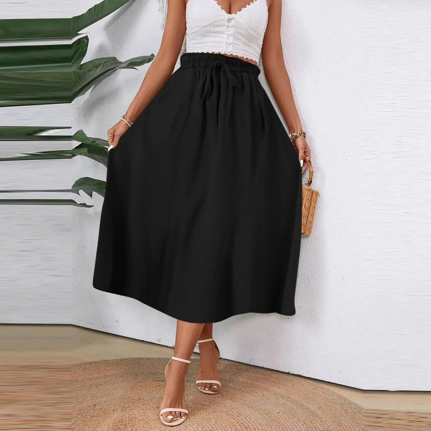 Floral Skirts for Women 2025 A-Line Loose Elastic High Waist Elastic Waist Pleated Summer Swing Skirts with Pocket