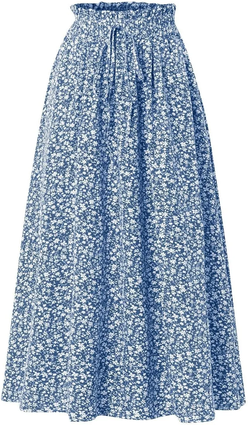 Floral Skirts for Women 2025 A-Line Loose Elastic High Waist Elastic Waist Pleated Summer Swing Skirts with Pocket