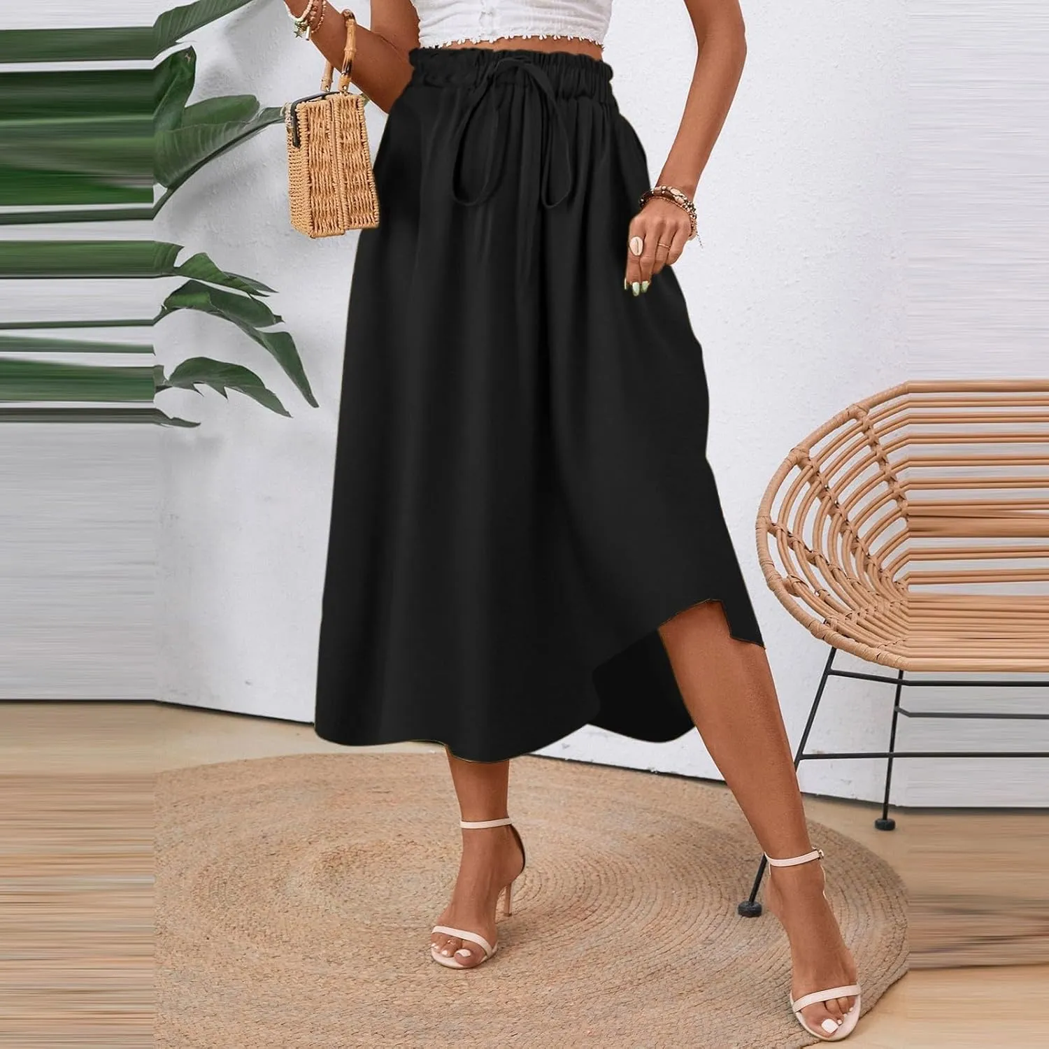 Floral Skirts for Women 2025 A-Line Loose Elastic High Waist Elastic Waist Pleated Summer Swing Skirts with Pocket