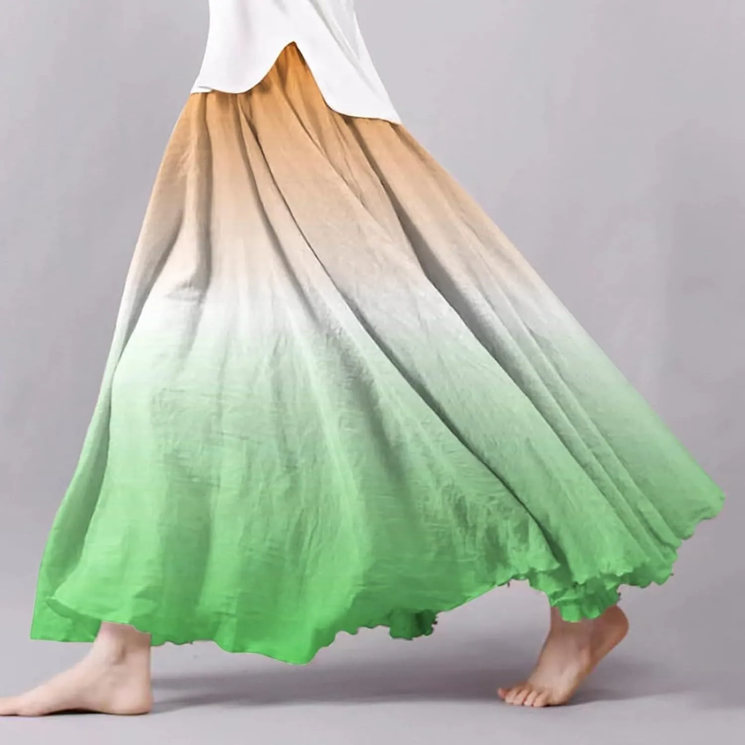Flowy Maxi Skirts for Women Boho Beach Vacation Gradient Color Elastic Waist Linen A Line Long Skirt Swing Dress