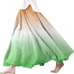 Flowy Maxi Skirts for Women Boho Beach Vacation Gradient Color Elastic Waist Linen A Line Long Skirt Swing Dress