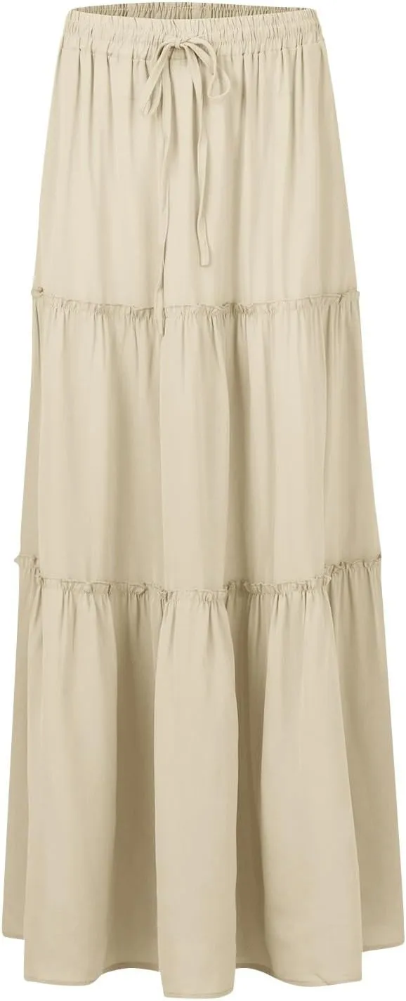 Flowy Maxi Skirts for Women High Waisted Tiered Long Skirt Ladies Soft Drawstring Casual Ruffle Skirts