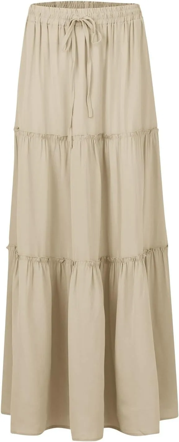 Flowy Maxi Skirts for Women High Waisted Tiered Long Skirt Ladies Soft Drawstring Casual Ruffle Skirts