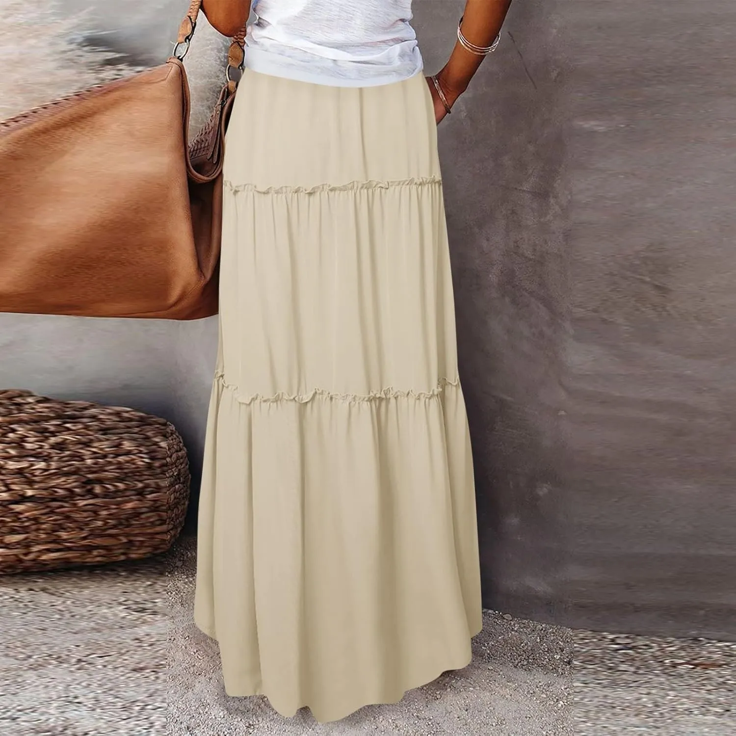 Flowy Maxi Skirts for Women High Waisted Tiered Long Skirt Ladies Soft Drawstring Casual Ruffle Skirts
