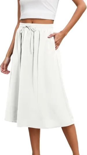 Flowy Skirts for Women Midi Length Tie Knot Boho Casual Beach High Waisted Pleated Swing Long Skirt with Pockets