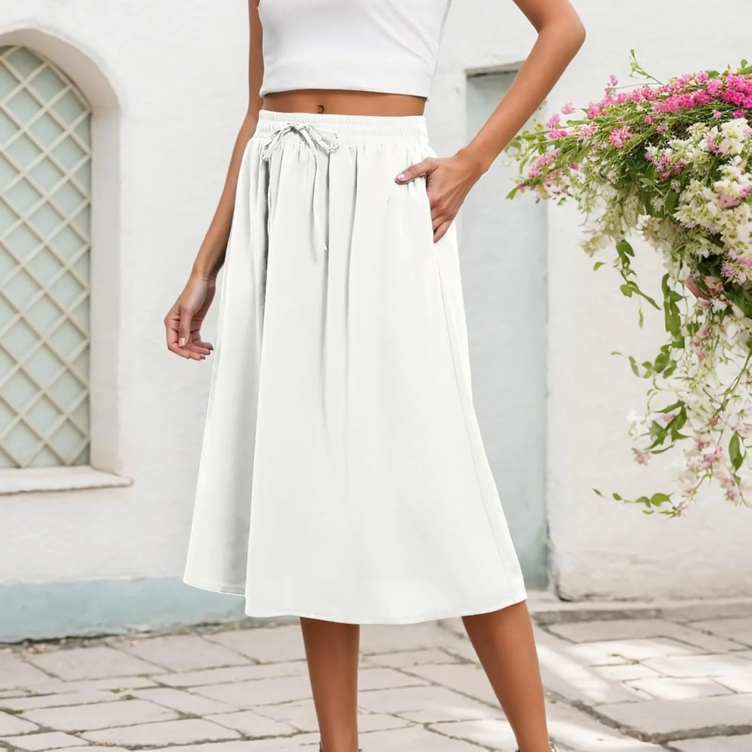 Flowy Skirts for Women Midi Length Tie Knot Boho Casual Beach High Waisted Pleated Swing Long Skirt with Pockets