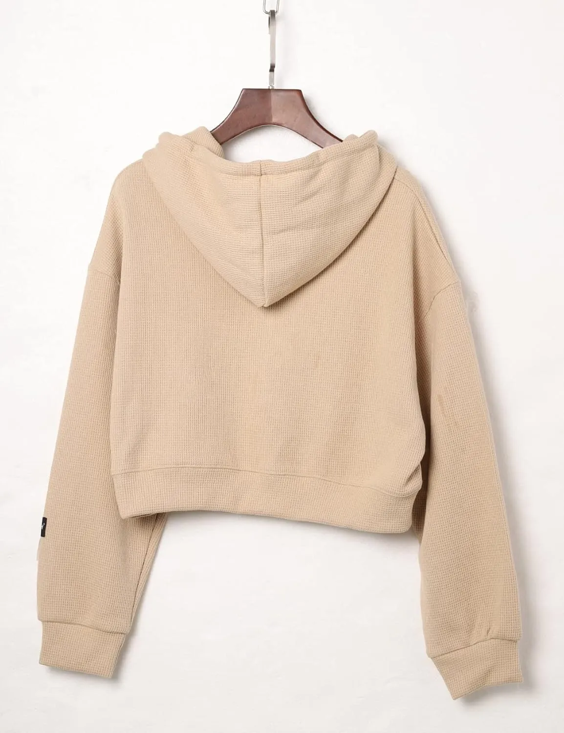 Flygo Women's Waffle Knit Cropped Zip Up Hoodie Vintage Long Sleeve Sweatshirt Jacket with Hood