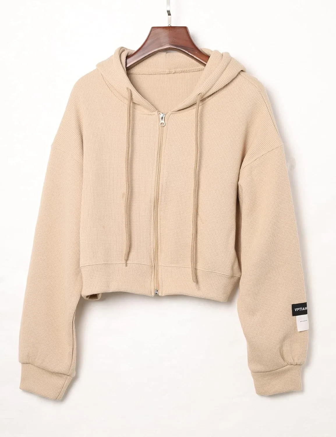 Flygo Women's Waffle Knit Cropped Zip Up Hoodie Vintage Long Sleeve Sweatshirt Jacket with Hood