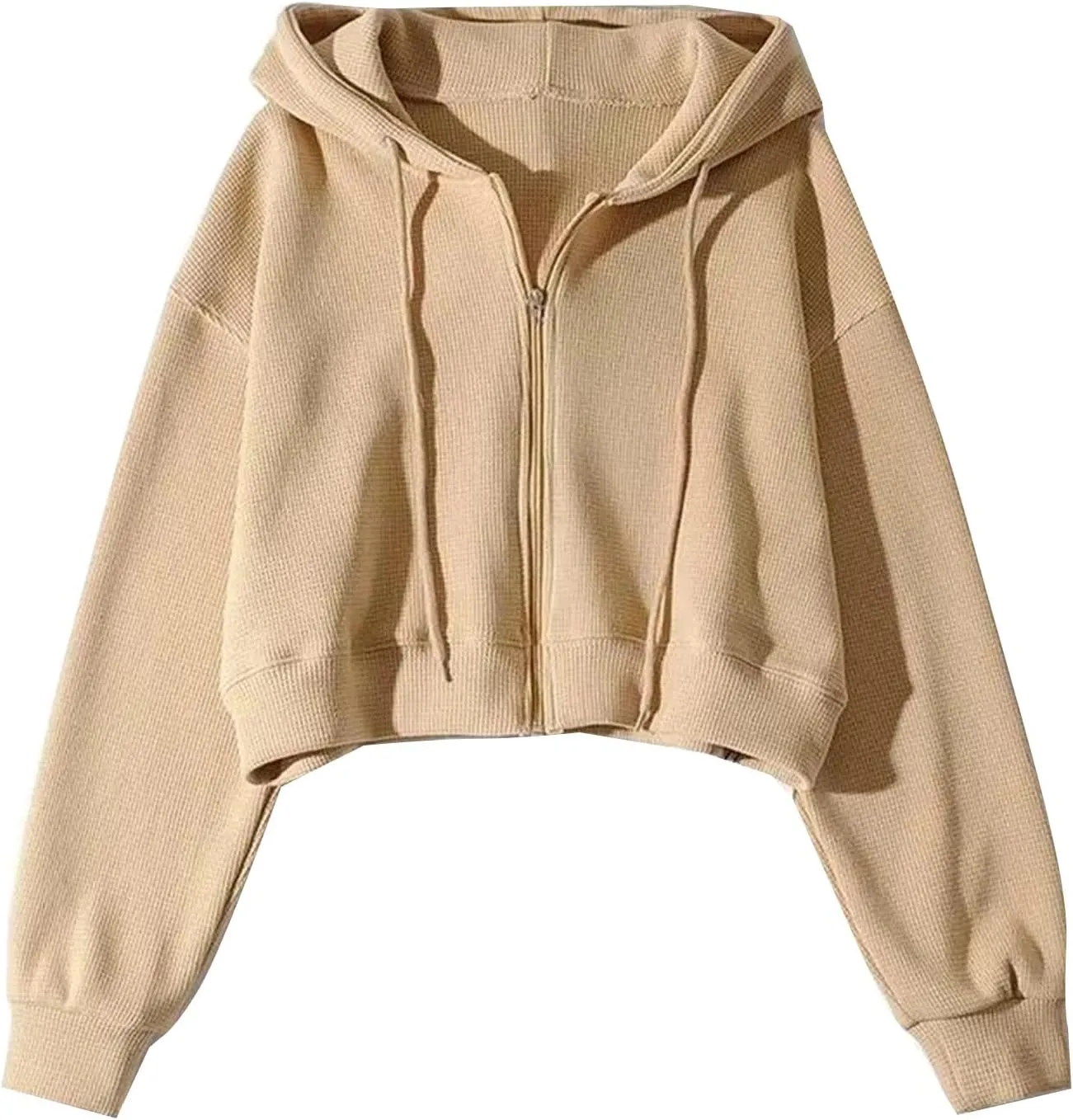 Flygo Women's Waffle Knit Cropped Zip Up Hoodie Vintage Long Sleeve Sweatshirt Jacket with Hood