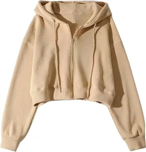 Flygo Women's Waffle Knit Cropped Zip Up Hoodie Vintage Long Sleeve Sweatshirt Jacket with Hood