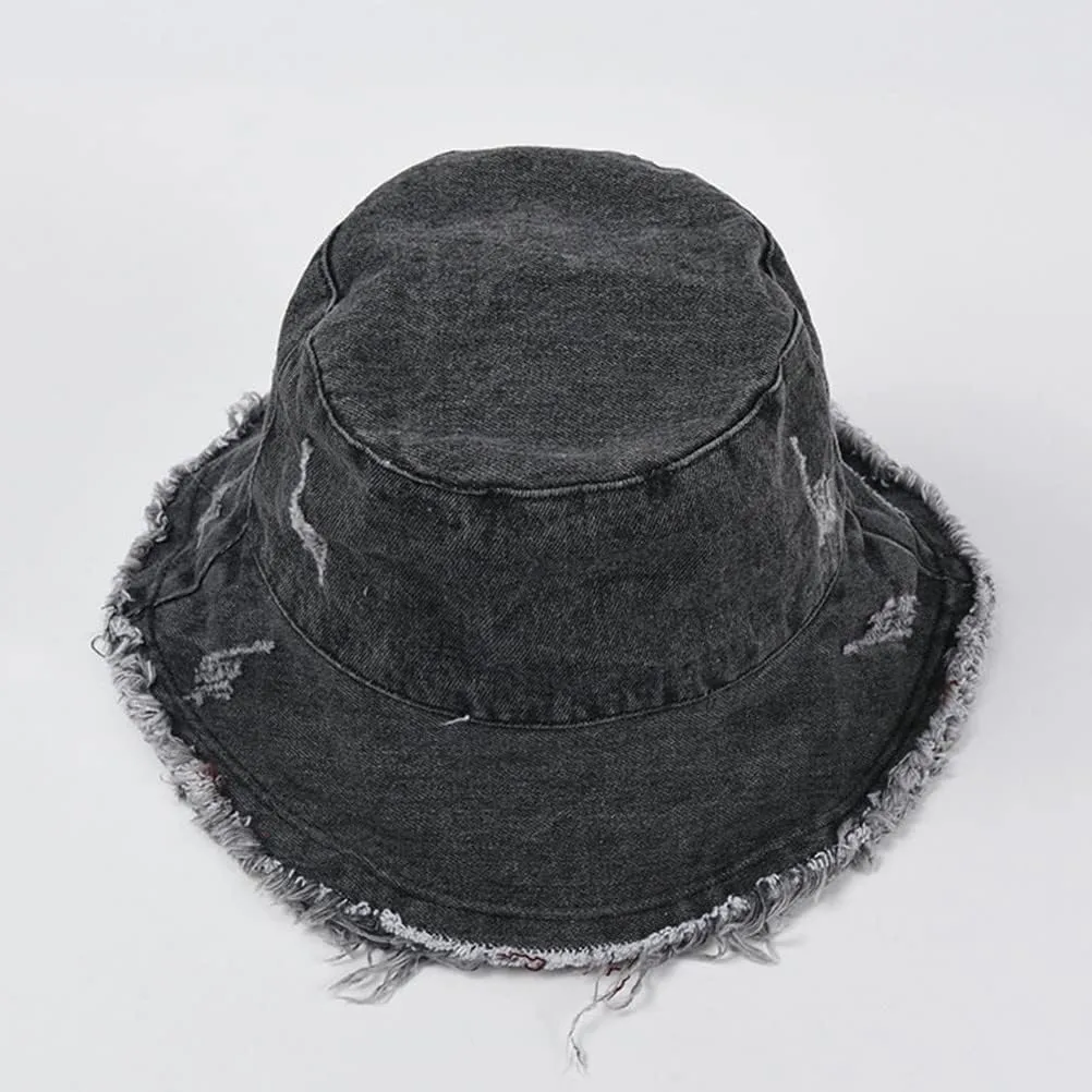 Frayed Denim Bucket Hats for Women Men Washed Cotton Wide Brim Summer Fisherman Cap Beach Sun Hats