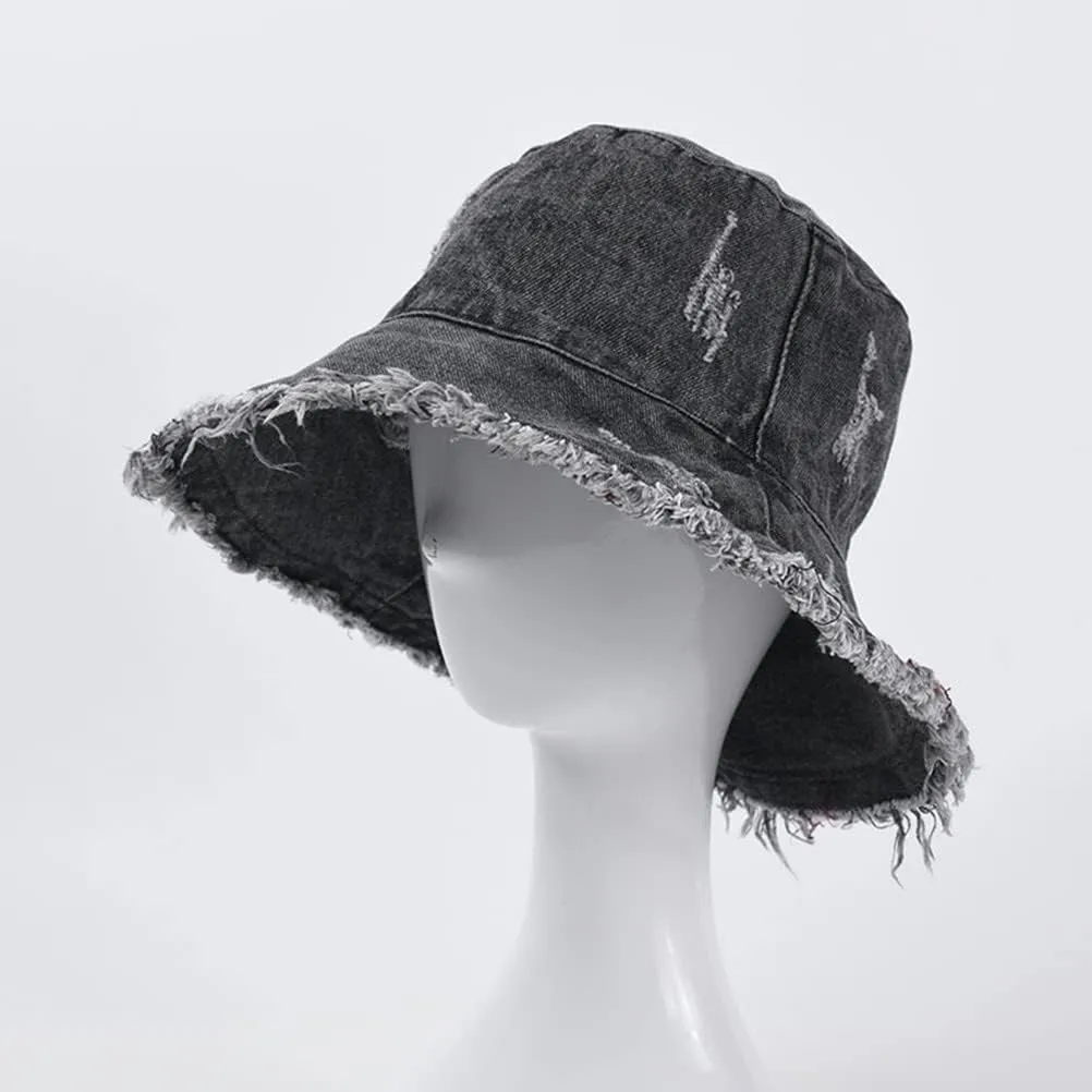 Frayed Denim Bucket Hats for Women Men Washed Cotton Wide Brim Summer Fisherman Cap Beach Sun Hats