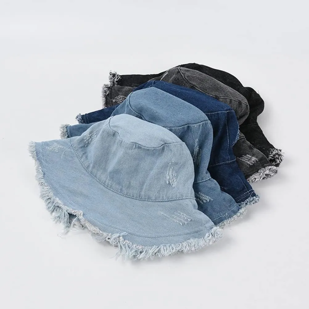 Frayed Denim Bucket Hats for Women Men Washed Cotton Wide Brim Summer Fisherman Cap Beach Sun Hats