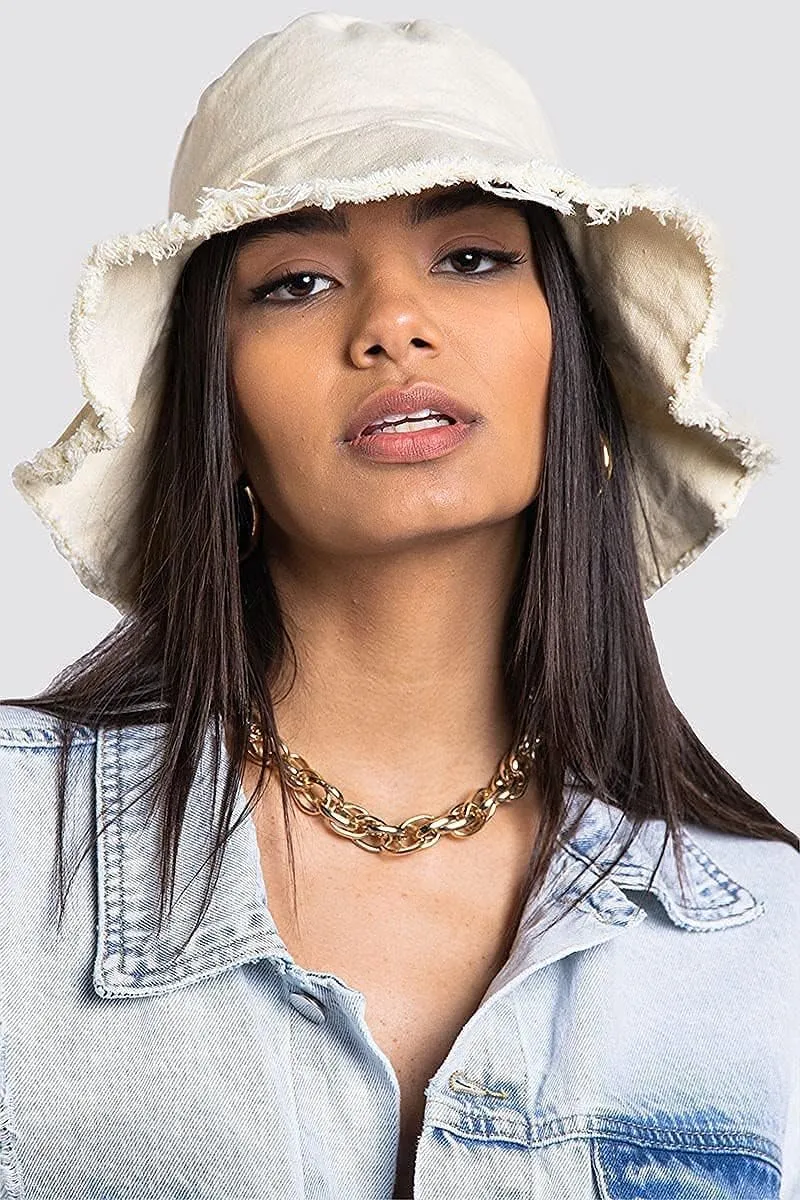 Frayed-Edge-Bucket-Hat-Summer Distressed-Beach-Sun-Hat-for-Women Men Teens Girls- Floppy Wide-Brim Fisherman Cap(Size: 7 1/8)