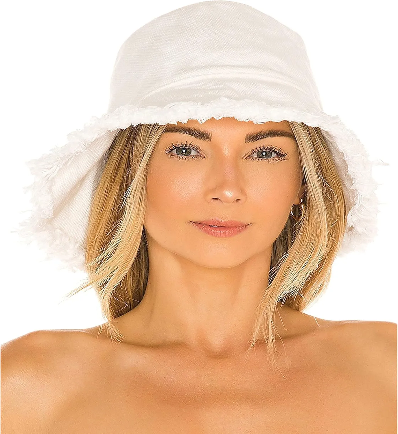 Frayed-Edge-Bucket-Hat-Summer Distressed-Beach-Sun-Hat-for-Women Men Teens Girls- Floppy Wide-Brim Fisherman Cap(Size: 7 1/8)