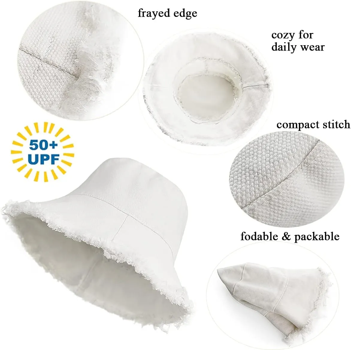 Frayed-Edge-Bucket-Hat-Summer Distressed-Beach-Sun-Hat-for-Women Men Teens Girls- Floppy Wide-Brim Fisherman Cap(Size: 7 1/8)