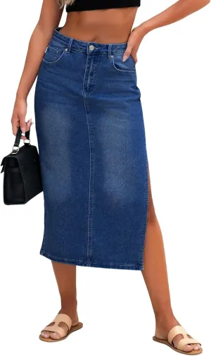 Genleck Women Denim Maxi Skirt Casual High Waist Jean Skirts with Side Split 2025