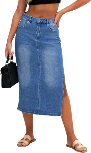 Genleck Women Denim Maxi Skirt Casual High Waist Jean Skirts with Side Split 2025
