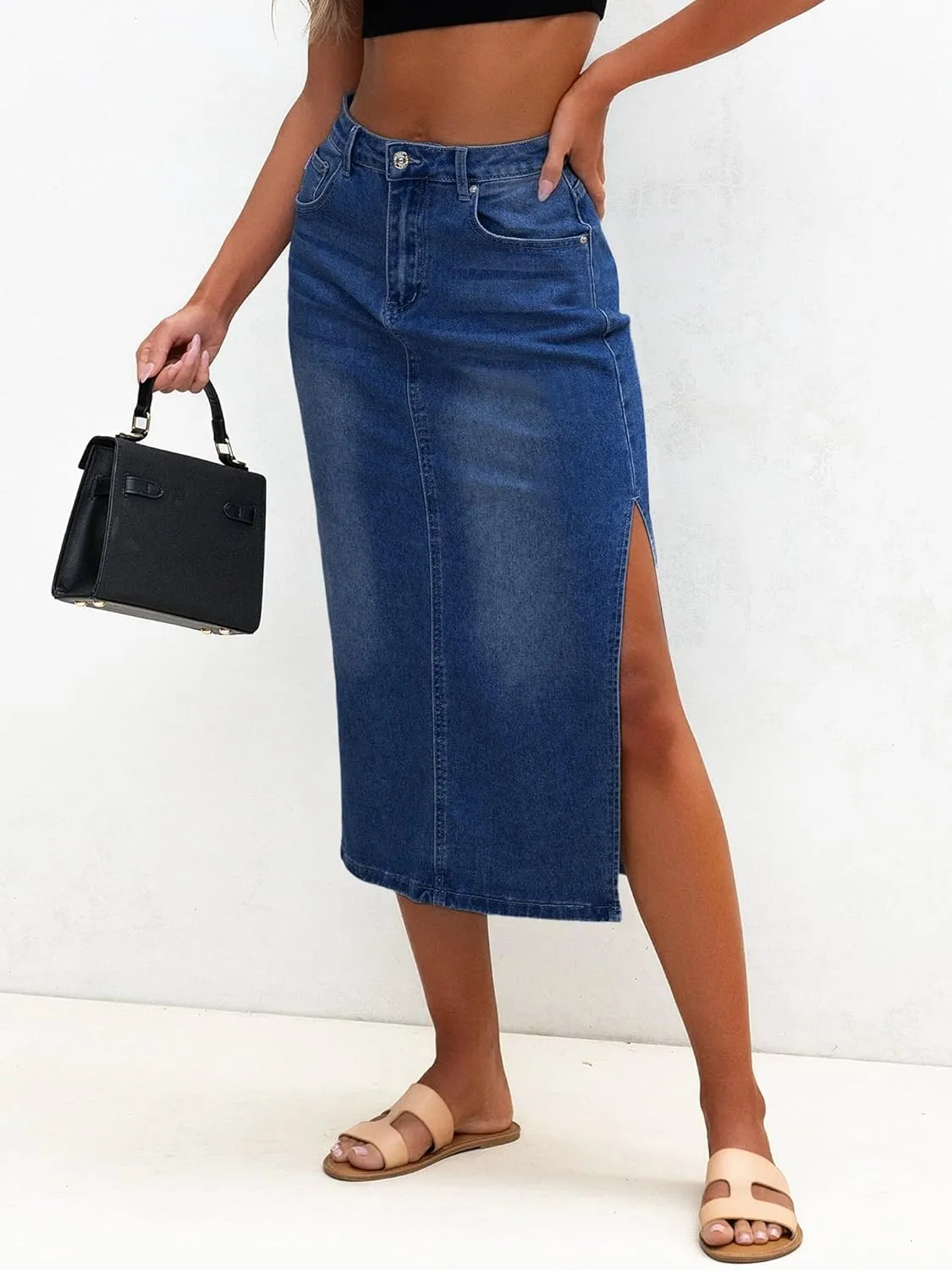 Genleck Women Denim Maxi Skirt Casual High Waist Jean Skirts with Side Split 2025