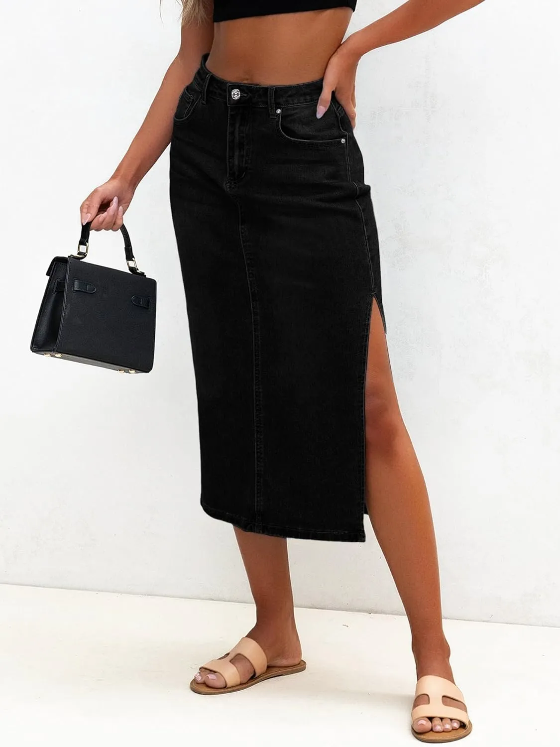 Genleck Women Denim Maxi Skirt Casual High Waist Jean Skirts with Side Split 2025