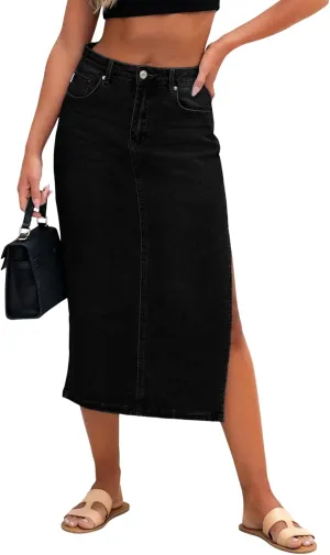 Genleck Women Denim Maxi Skirt Casual High Waist Jean Skirts with Side Split 2025