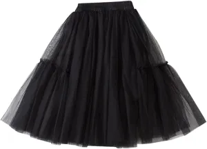 Girls Long Tutu Skirt Petticoat Tiered Ruffle Maxi Skirts Soft Fluffy Skirt Casual A-Line Dress (Black, 4-5 Years)