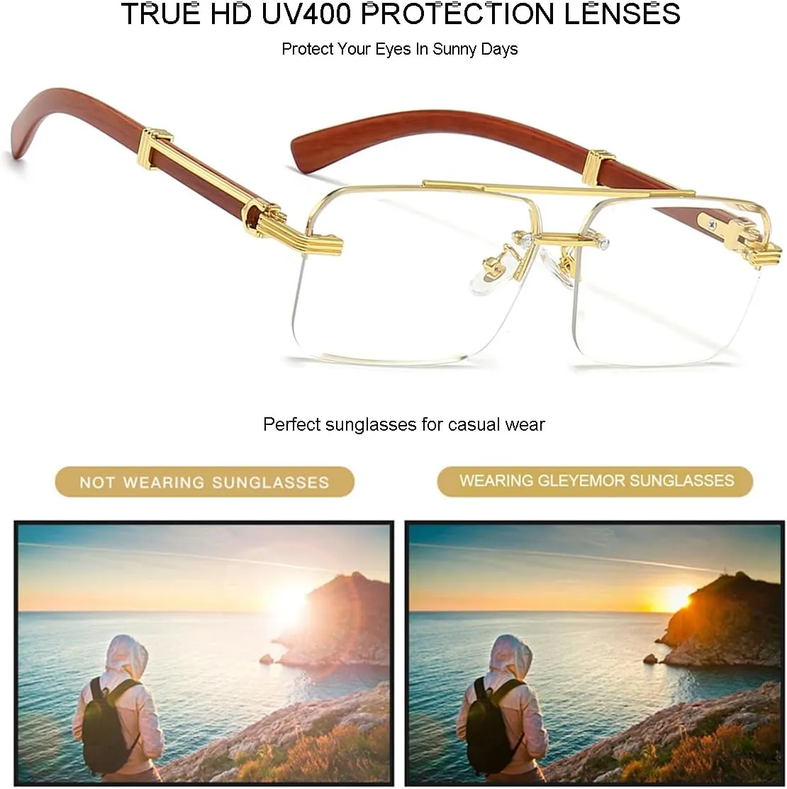Gleyemor Mens Sunglasses Fashion Rimless Rectangle Sunglasses Square Frameless Sunglasses for Men