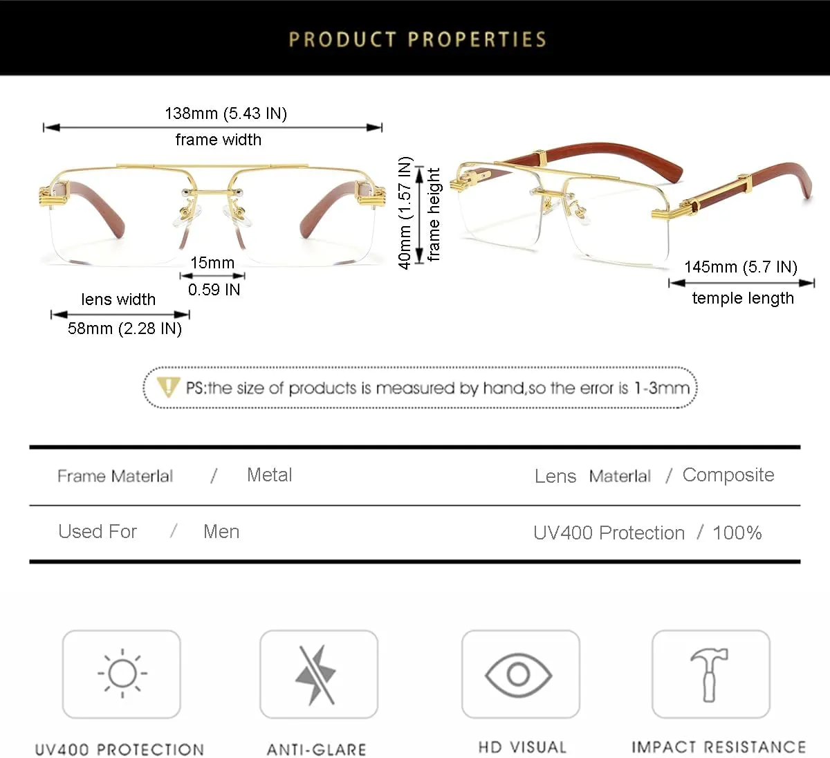 Gleyemor Mens Sunglasses Fashion Rimless Rectangle Sunglasses Square Frameless Sunglasses for Men