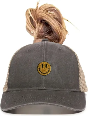 Go All Out Womens Smiley Face Ponytail Mesh Back Cap