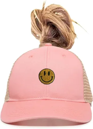 Go All Out Womens Smiley Face Ponytail Mesh Back Cap