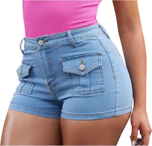 GOBLES Women's Sexy High Stretch Slim Fit Cargo Denim Shorts with Front Pockets
