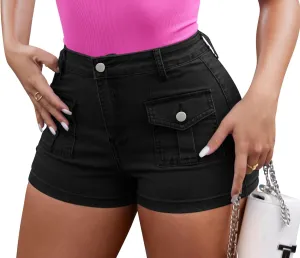 GOBLES Women's Sexy High Stretch Slim Fit Cargo Denim Shorts with Front Pockets