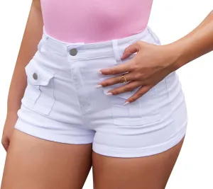 GOBLES Women's Sexy High Stretch Slim Fit Cargo Denim Shorts with Front Pockets