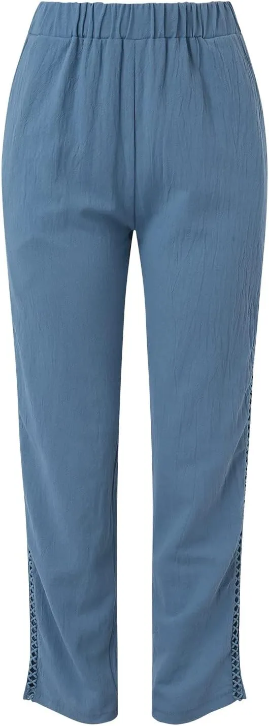 Harem Sexy Elastic Waist Pants for Women Cutout Casual Linen Pants Cotton Linen Loose Fitting Womens Pants for Summer