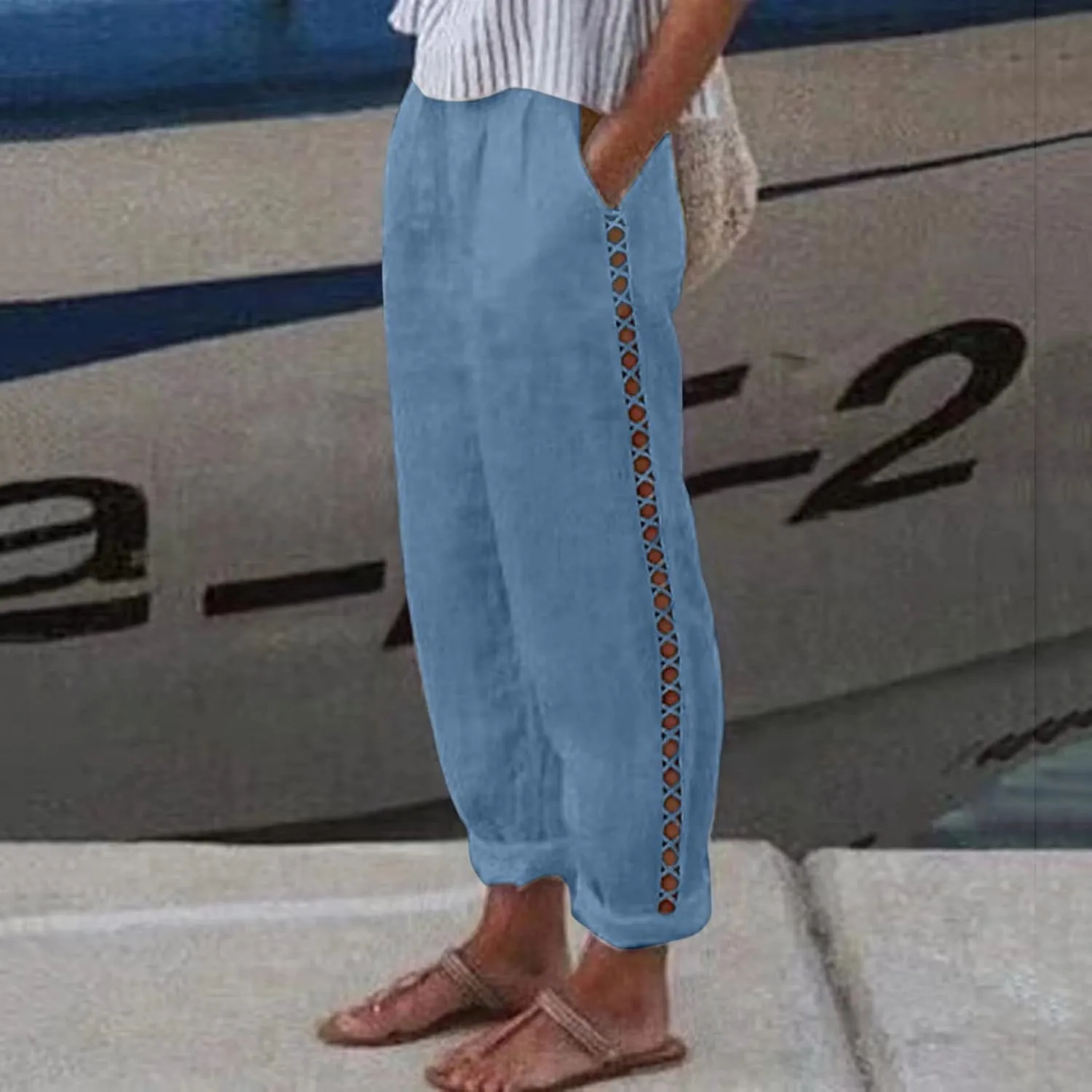 Harem Sexy Elastic Waist Pants for Women Cutout Casual Linen Pants Cotton Linen Loose Fitting Womens Pants for Summer
