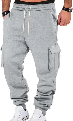 Heavyweight Fleece Cargo Sweatpants for Men Baggy Elastic Waist Drawstring Sweat Pants with Pockets Joggers Trousers