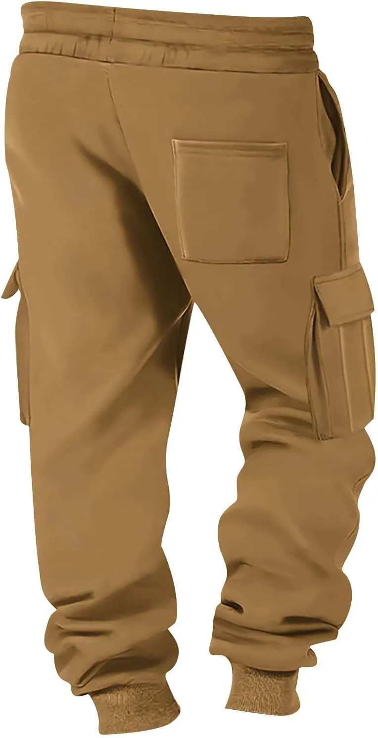 Heavyweight Fleece Cargo Sweatpants for Men Baggy Elastic Waist Drawstring Sweat Pants with Pockets Joggers Trousers
