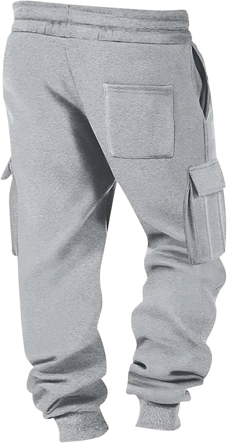 Heavyweight Fleece Cargo Sweatpants for Men Baggy Elastic Waist Drawstring Sweat Pants with Pockets Joggers Trousers